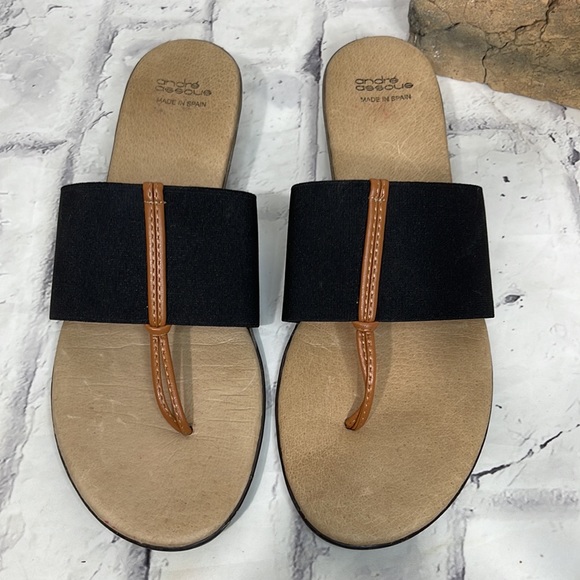 Andre Assous Nice Featherweights Sandal Brown Leather Black Stretch Stacked Heel - Picture 6 of 11